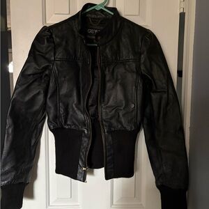 Guess Black Leather Bomber Jacket Ribbed Hem Zip Front